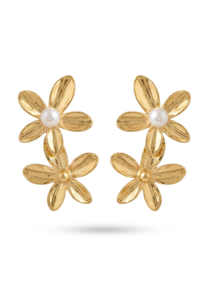 Boucles d'Oreilles Acier Inoxydable Double Fleur Perle