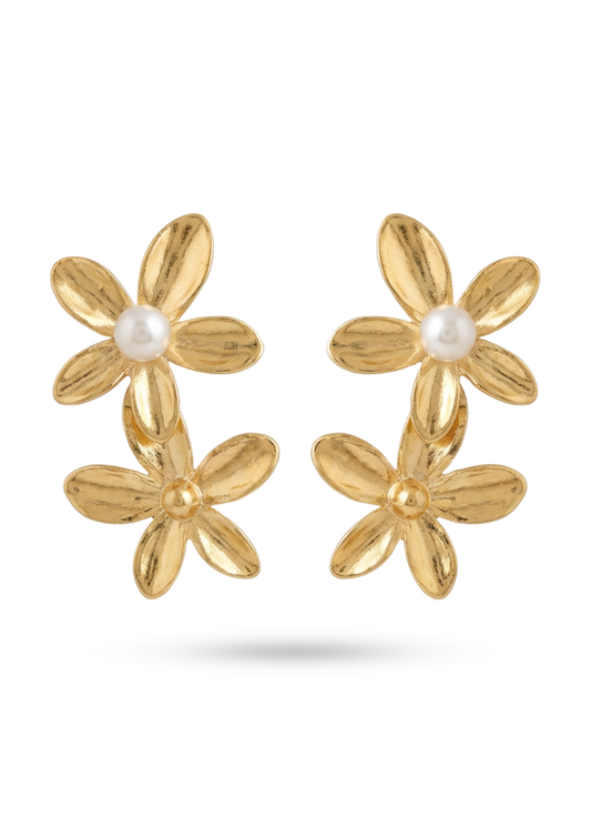 Boucles d'Oreilles Acier Inoxydable Double Fleur Perle