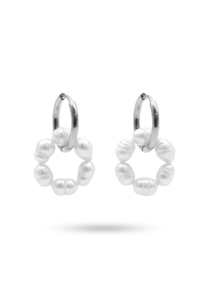 Boucles d'Oreilles Acier Inoxydable Créoles Perle Blanche