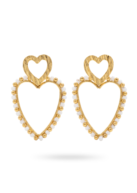 Boucles d'Oreilles Acier Inoxydable double coeur perle